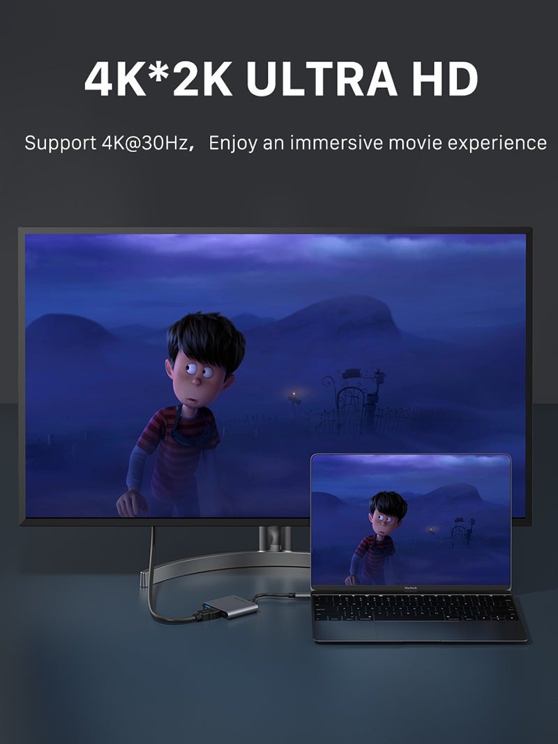 كابل تايم موزع USB-C محمول بدقة 4K، 3 في 1، متوافق مع أجهزة التلفزيون وأجهزة الكمبيوتر من سامسونج وديل - Image 3